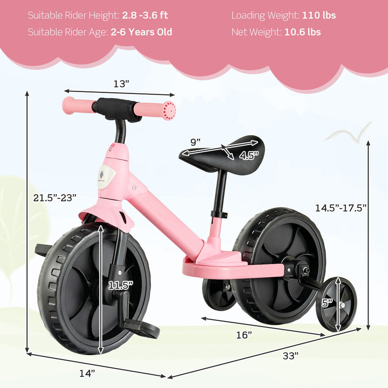 4-in-1 Kids Training Bike Toddler Tricycle with Training Wheels and  Pedals-Pink