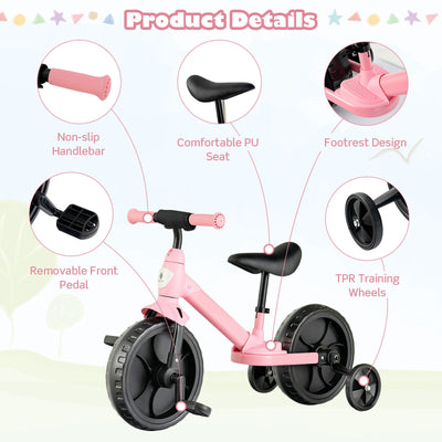 4-in-1 Kids Training Bike Toddler Tricycle with Training Wheels and  Pedals-Pink