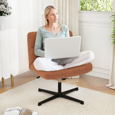 Office Armless Chair Cross Legged with Imitation Lamb Fleece and Adjustable Height-Brown