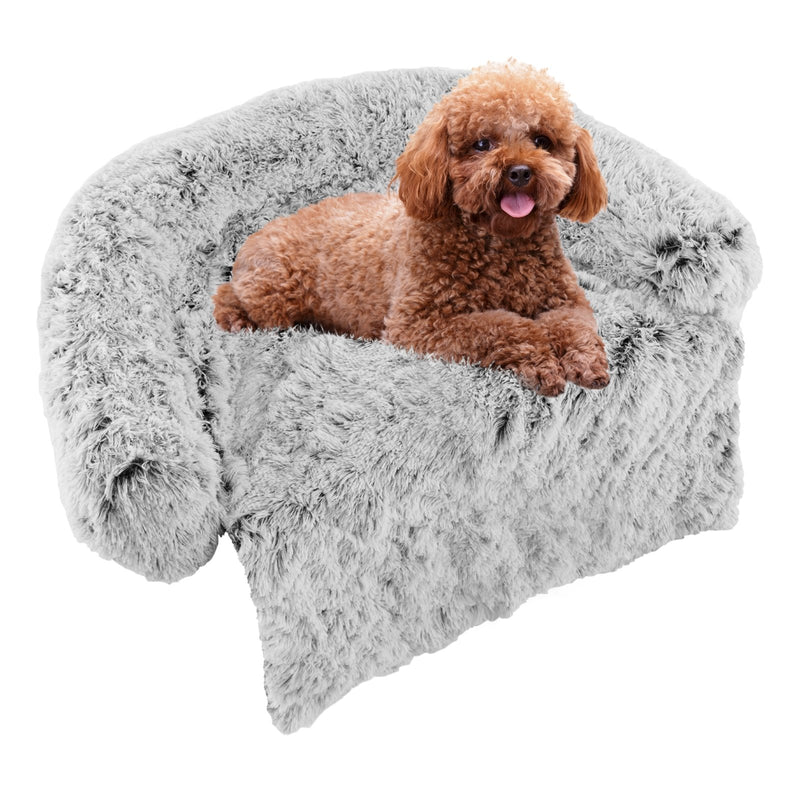 White Plush Calming Dog Couch Bed with Anti-Slip Bottom-S