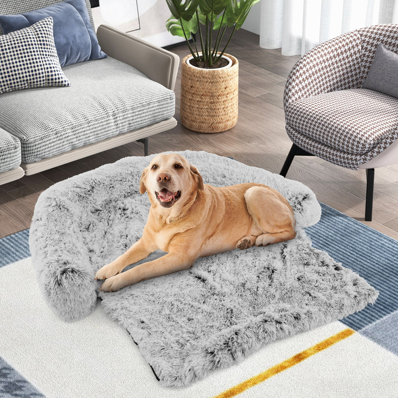 Gray Plush Calming Dog Couch Bed with Anti-Slip Bottom-L