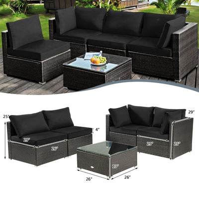 5 Pieces Cushioned Patio Rattan Furniture Set with Glass Table-Black