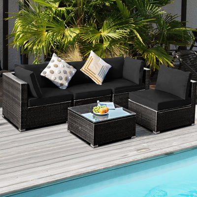 5 Pieces Cushioned Patio Rattan Furniture Set with Glass Table-Black