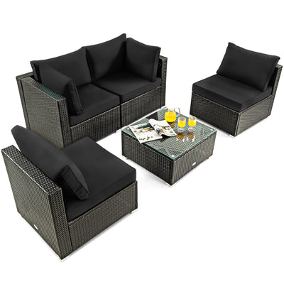 5 Pieces Cushioned Patio Rattan Furniture Set with Glass Table-Black