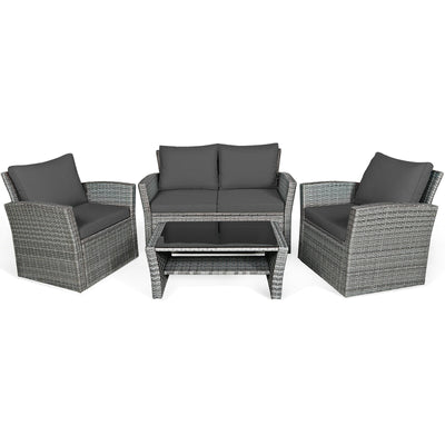 4 Pieces Patio Rattan Furniture Set Sofa Table with Storage Shelf Cushion-Gray