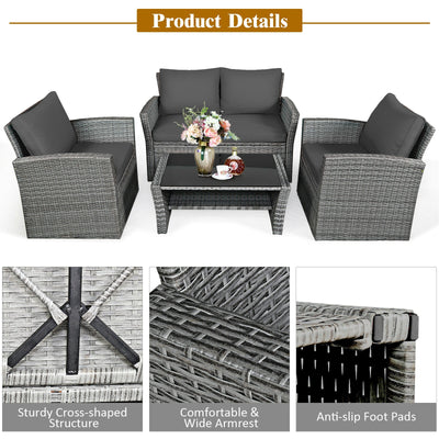 4 Pieces Patio Rattan Furniture Set Sofa Table with Storage Shelf Cushion-Gray