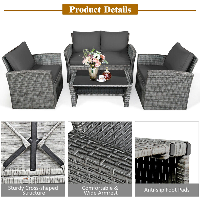 4 Pieces Patio Rattan Furniture Set Sofa Table with Storage Shelf Cushion-Gray