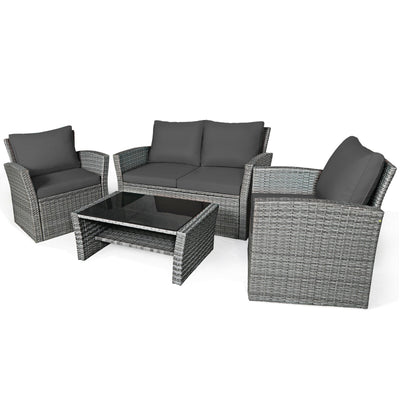 4 Pieces Patio Rattan Furniture Set Sofa Table with Storage Shelf Cushion-Gray