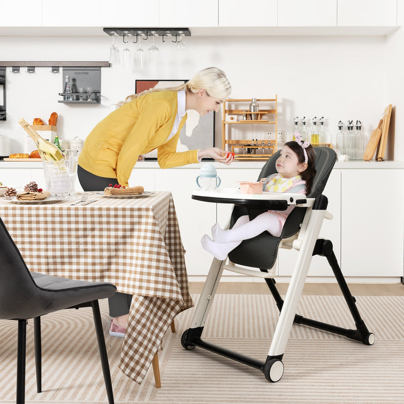 Foldable Feeding Sleep Playing High Chair with Recline Backrest-Dark Gray