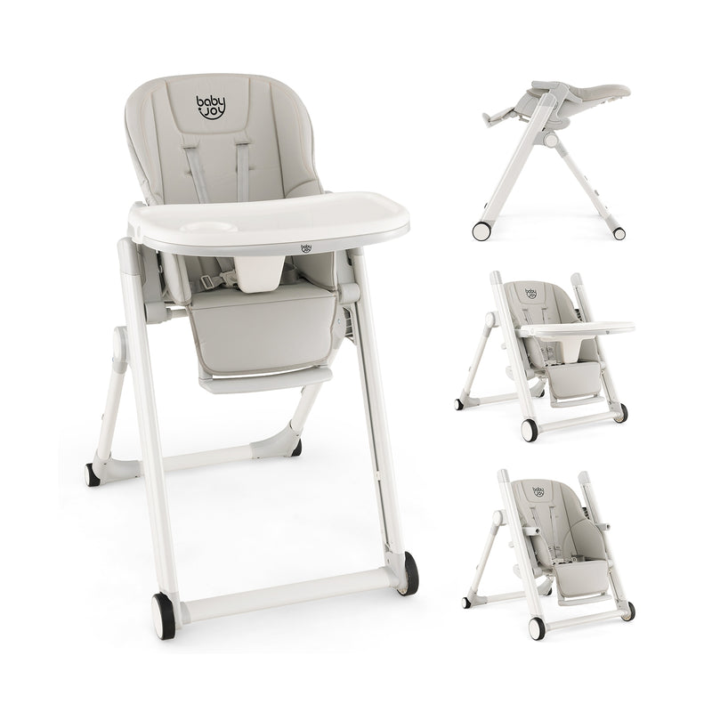 Foldable Feeding Sleep Playing High Chair with Recline Backrest for Babies and Toddlers-Light Gray