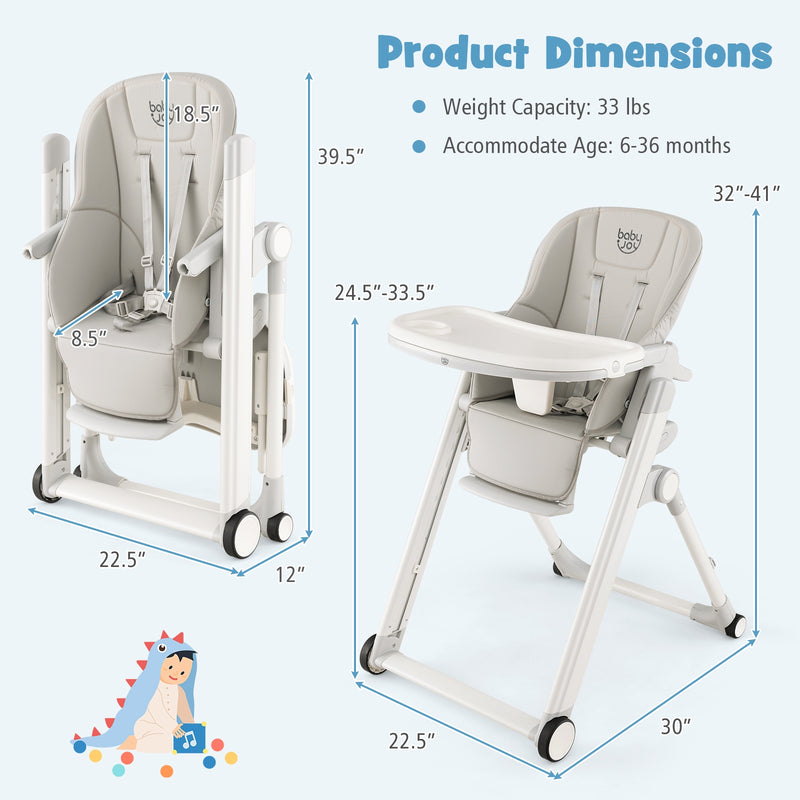 Foldable Feeding Sleep Playing High Chair with Recline Backrest for Babies and Toddlers-Light Gray