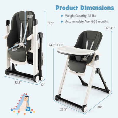 Foldable Feeding Sleep Playing High Chair with Recline Backrest-Dark Gray