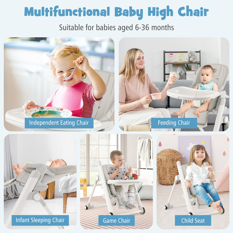 Foldable Feeding Sleep Playing High Chair with Recline Backrest for Babies and Toddlers-Light Gray