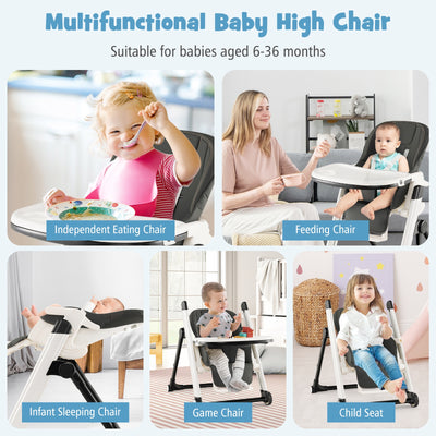 Foldable Feeding Sleep Playing High Chair with Recline Backrest-Dark Gray