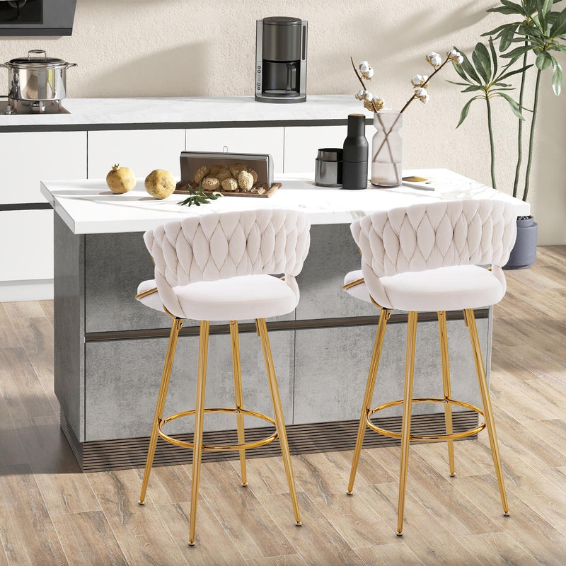 29 Inch Velvet Bar Stool Set of 2 with Woven Backrest and Gold Metal Legs-Beige