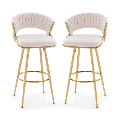 29 Inch Velvet Bar Stool Set of 2 with Woven Backrest and Gold Metal Legs-Beige