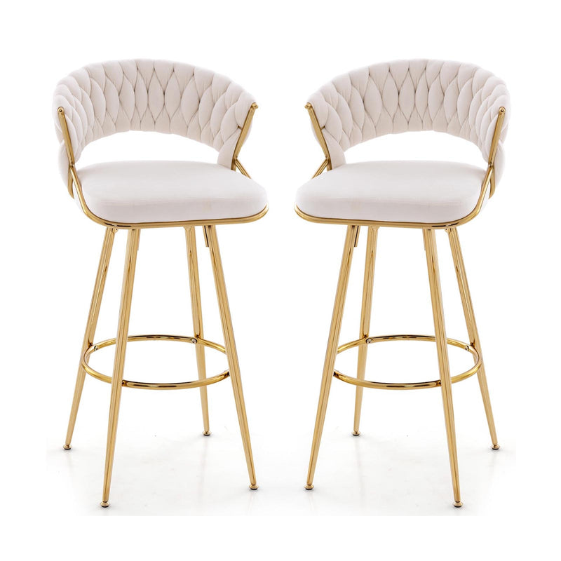 29 Inch Velvet Bar Stool Set of 2 with Woven Backrest and Gold Metal Legs-Beige