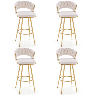 29 Inch Velvet Bar Stool Set of 2 with Woven Backrest and Gold Metal Legs-Beige