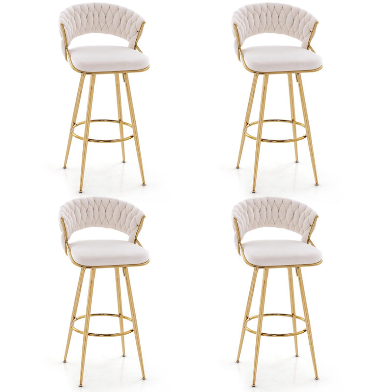 29 Inch Velvet Bar Stool Set of 2 with Woven Backrest and Gold Metal Legs-Beige