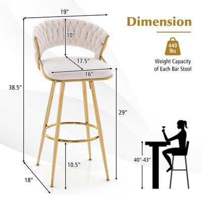 29 Inch Velvet Bar Stool Set of 2 with Woven Backrest and Gold Metal Legs-Beige