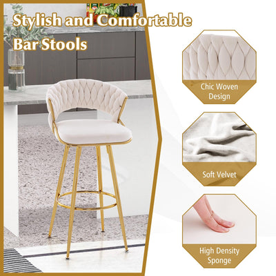 29 Inch Velvet Bar Stool Set of 2 with Woven Backrest and Gold Metal Legs-Beige