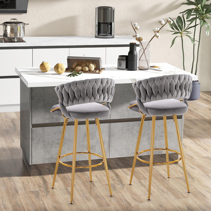 29 Inch Velvet Bar Stool Set of 2 with Woven Backrest and Gold Metal Legs-Gray