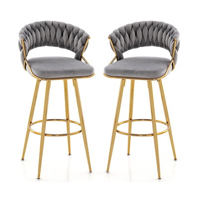 29 Inch Velvet Bar Stool Set of 2 with Woven Backrest and Gold Metal Legs-Gray