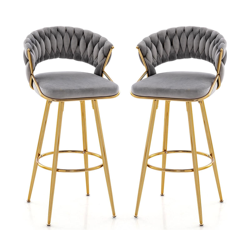 29 Inch Velvet Bar Stool Set of 2 with Woven Backrest and Gold Metal Legs-Gray