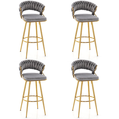 29 Inch Velvet Bar Stool Set of 2 with Woven Backrest and Gold Metal Legs-Gray