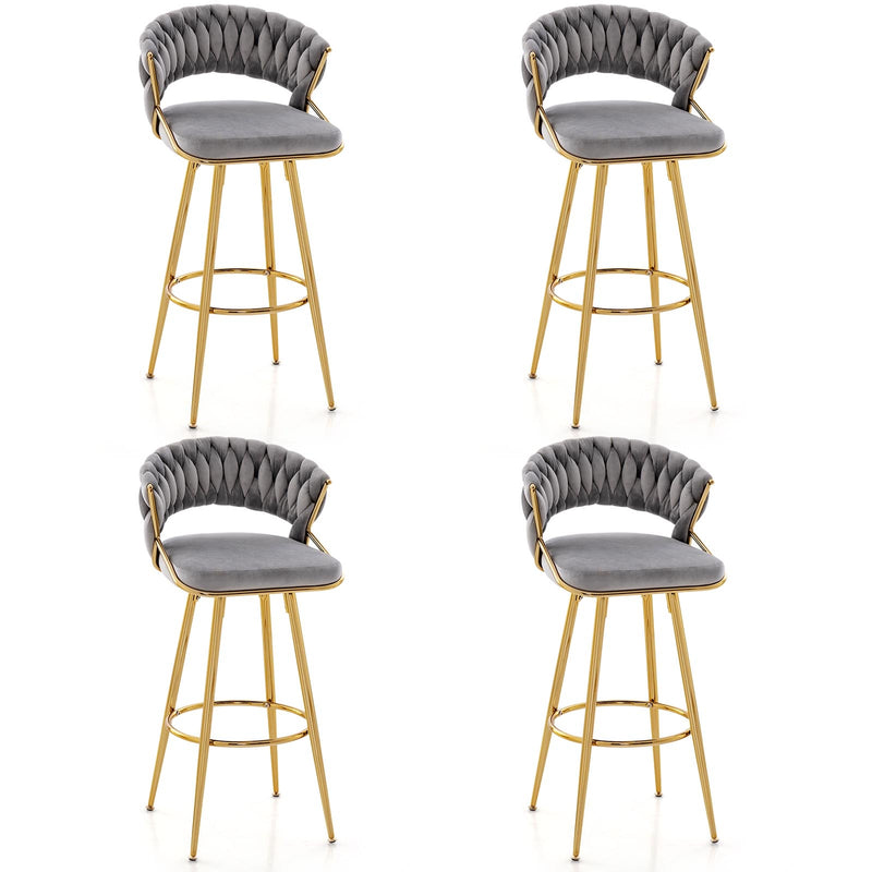 29 Inch Velvet Bar Stool Set of 2 with Woven Backrest and Gold Metal Legs-Gray