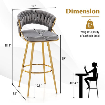 29 Inch Velvet Bar Stool Set of 2 with Woven Backrest and Gold Metal Legs-Gray