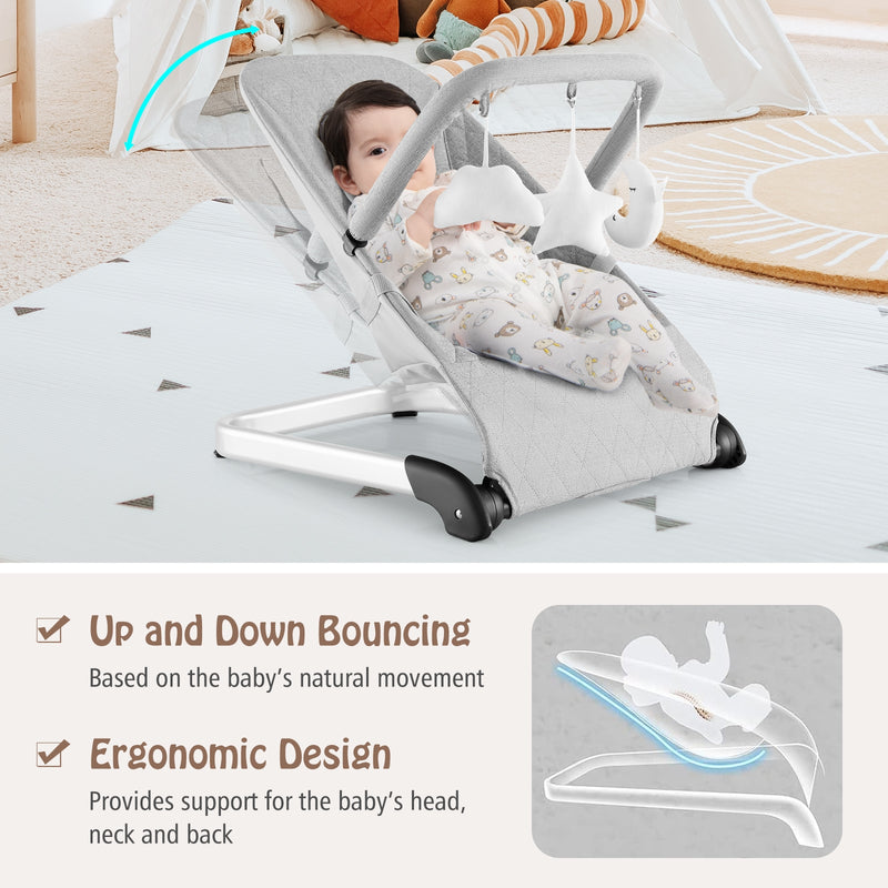 Foldable Baby Bouncer with Removable Fabric Cover and Toy Bar-Gray