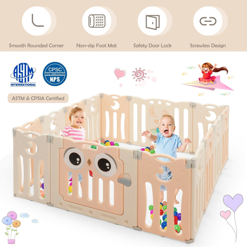 14-Panel Baby Playpen Kids Activity Center Foldable Play Yard with Lock Door-Pink