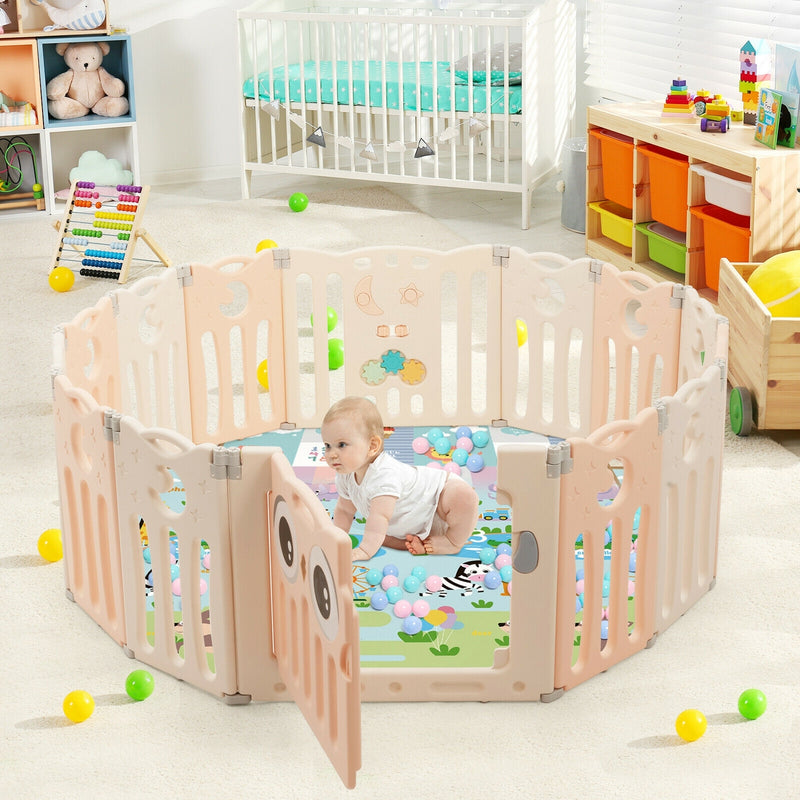 14-Panel Baby Playpen Kids Activity Center Foldable Play Yard with Lock Door-Pink