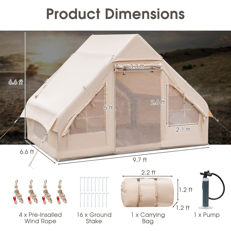 Inflatable Camping Tent 2/4/6 People Glamping Tent for Family Camping with Pump-Beige