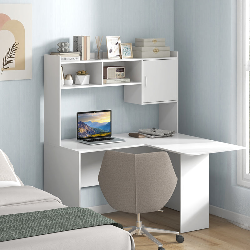 L-Shaped Desk Corner Computer Desk with Open Storage Hutch and Cabinet-White