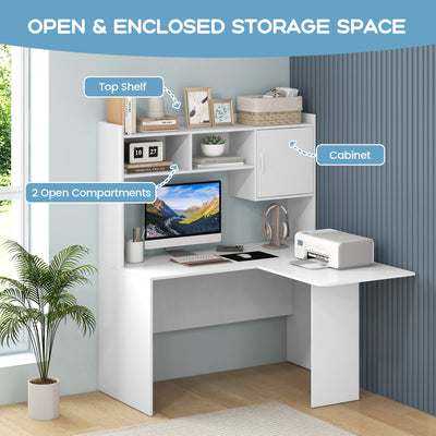 L-Shaped Desk Corner Computer Desk with Open Storage Hutch and Cabinet-White