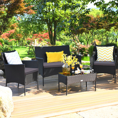 4 Pieces Patio Rattan Cushioned Sofa Set with Tempered Glass Coffee Table-Gray