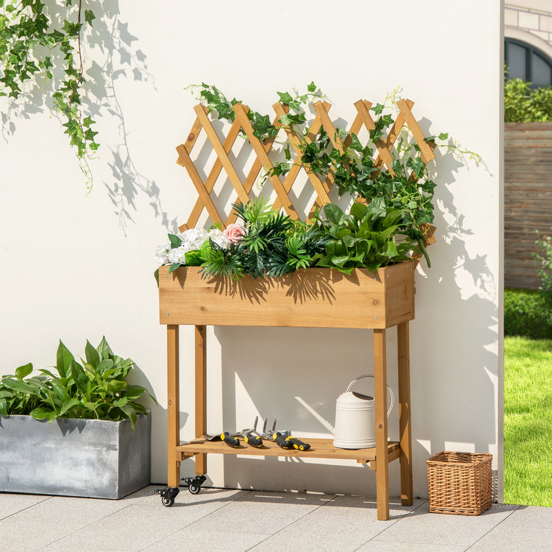 Wooden Raised Garden Bed Mobile Elevated Planter Box with Trellis-Natural