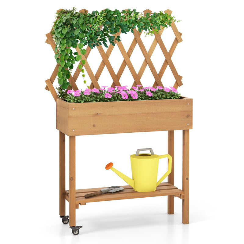 Wooden Raised Garden Bed Mobile Elevated Planter Box with Trellis-Natural