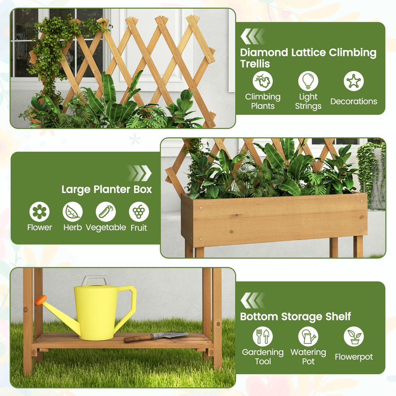 Wooden Raised Garden Bed Mobile Elevated Planter Box with Trellis-Natural