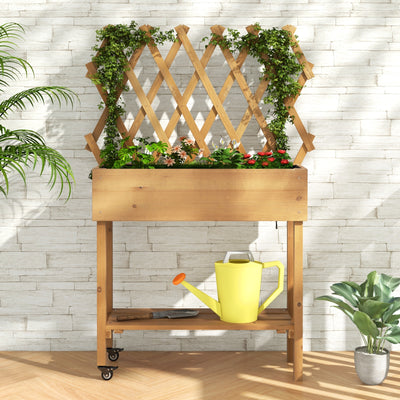 Wooden Raised Garden Bed Mobile Elevated Planter Box with Trellis-Natural