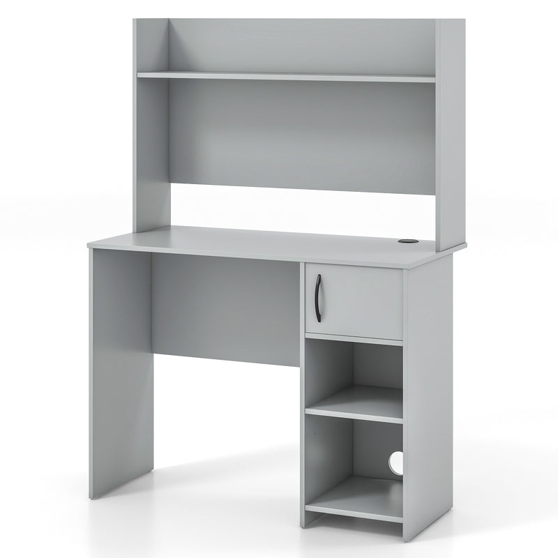 Home Office Desk with Raised Display Shelf and 2 Open Shelves-Gray