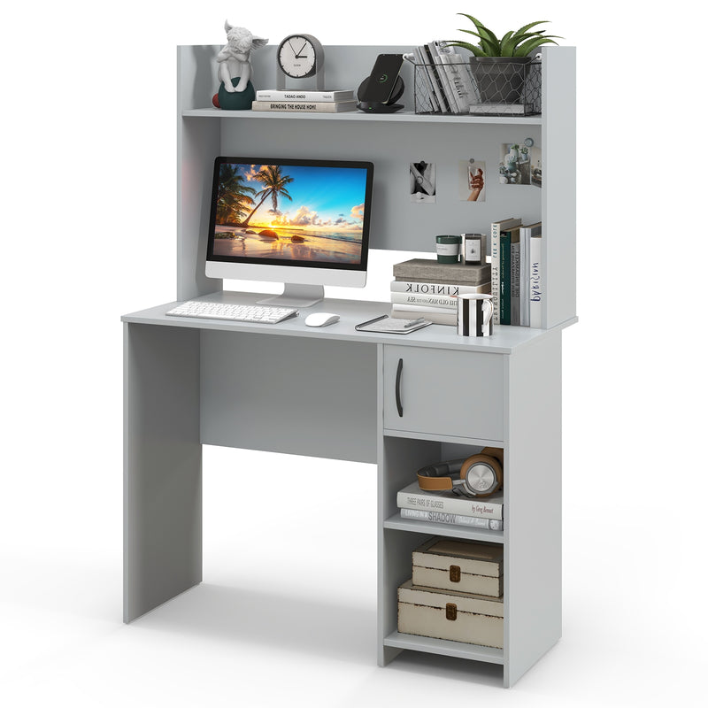 Home Office Desk with Raised Display Shelf and 2 Open Shelves-Gray