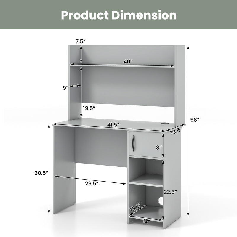 Home Office Desk with Raised Display Shelf and 2 Open Shelves-Gray