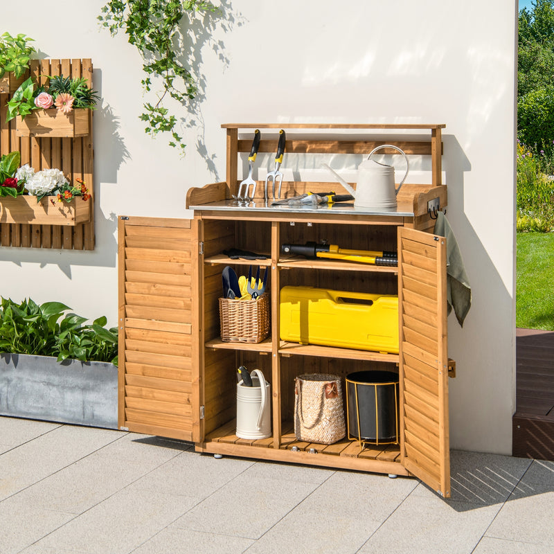 Outdoor Potting Bench Workstation Table with Galvanized Metal Countertop for Garden-Natural