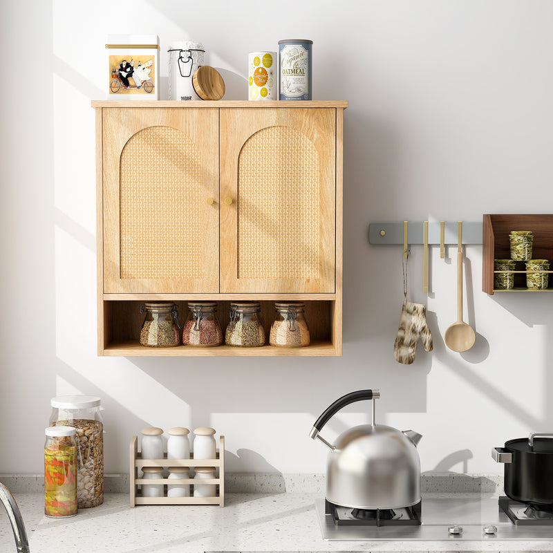 Medicine Cabinet with 2 Rattan Doors for Laundry Room Kitchen Entryway-Natural