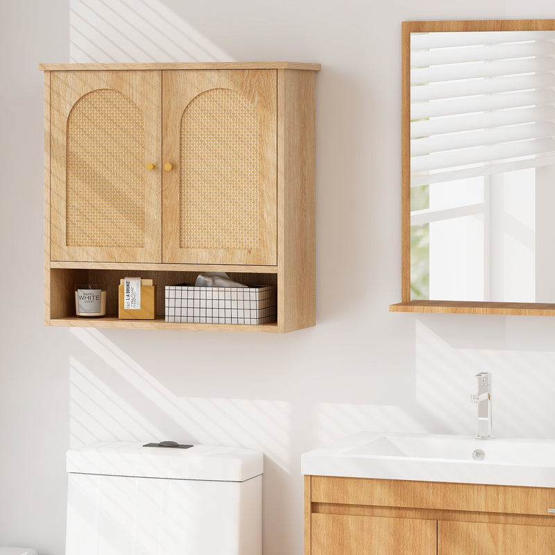 Medicine Cabinet with 2 Rattan Doors for Laundry Room Kitchen Entryway-Natural