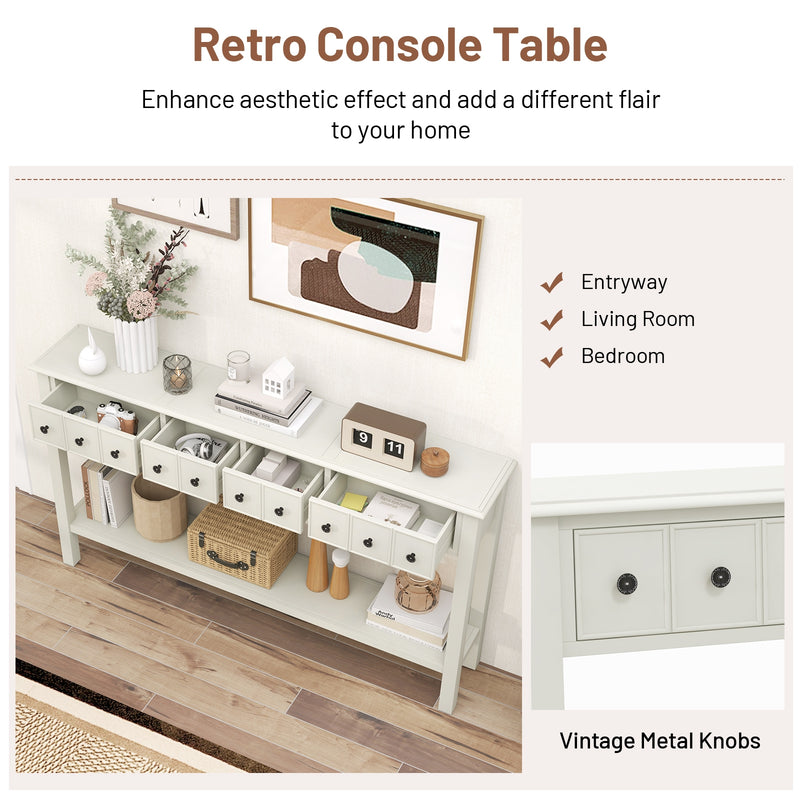 60 Inch Long Sofa Table with 4 Drawers and Open Shelf for Living Room-White