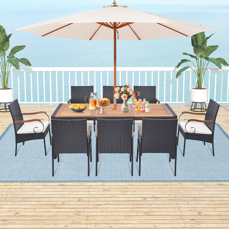 9 Pieces  Patio Rattan Dining Set with Acacia Wood Table for Backyard  Garden-Curved Handrail